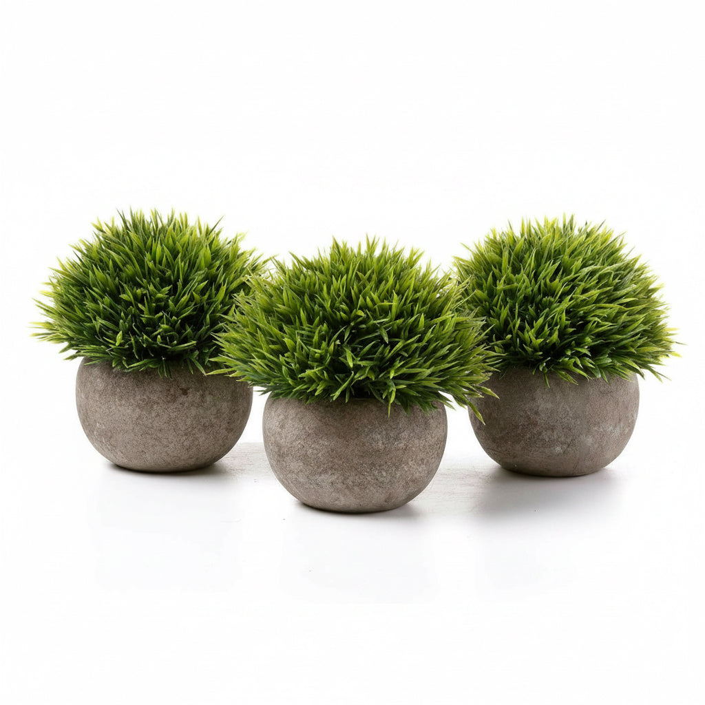 T4U Künstliche Pflanzen Grün Graspflanzen Kunstpflanze Mit Grauen Topf, Klein Kunstpflanze Sukkulenten Künstlich Deko Fake Plant Für Hochzeit Büro Zuhause Wohnung Dekoration, Grün 3Er Set