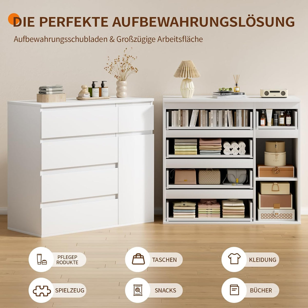 YOUDENOVA Kommode Mit 5 Schubladen Und 1 Tür, Weiß Holz Kommode Für Schlafzimmer Flur Wohnzimmer, Komodenschrank 40Cm Tief, Schubladenschrank 90 Cm Breit, Modern Möbel, 90 X 40 X 80 Cm