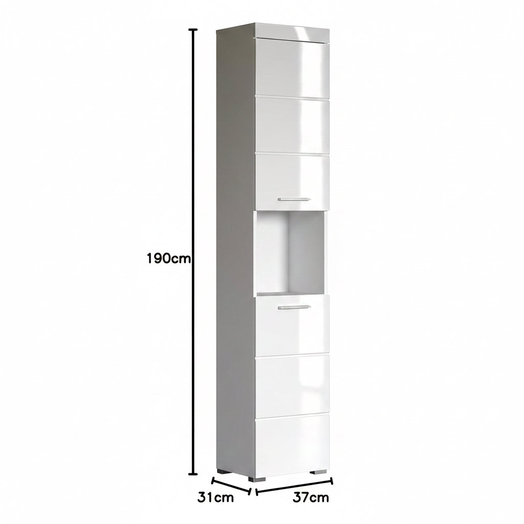 Trendteam Smart Living - Amanda - Hochschrank - Weiß Hochglanz - Badezimmerschrank Mit 2 Verstellbaren Einlegeböden - (Bxhxt) 37 X 190 X 31 Cm - Moderner Badschrank Mit 4 Fächern Und Einer Ablage