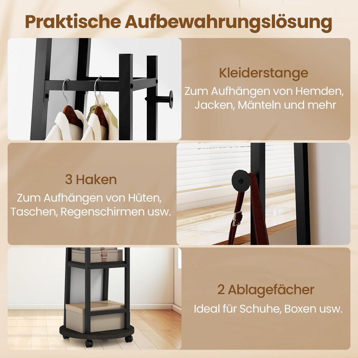 2 in 1 Ganzkörperspiegel Mit 3 Haken & Ablagefächern & Universalrädern Schwarz