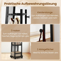 2 in 1 Ganzkörperspiegel Mit 3 Haken & Ablagefächern & Universalrädern Schwarz