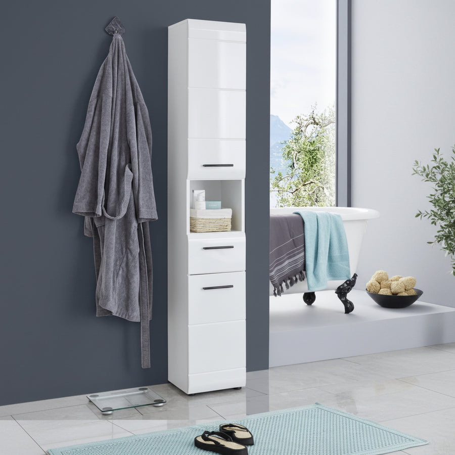 Trendteam Smart Living - Skin - Hochschrank - Weiß/Weiß Hochglanz - 5 Fächer, Eine Ablage Und Eine Schublade - (Bxhxt) 30 X 182 X 31 Cm - 2 Verstellbare Einlegeböden - Kratzfest