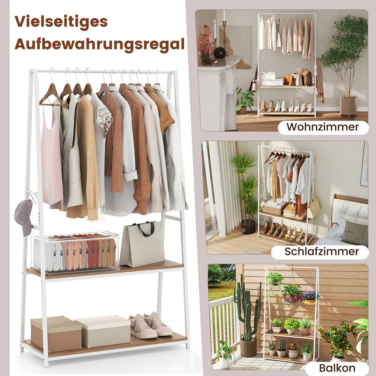 Kleiderständer Freistehende Garderobe Mit 2 Regalen & Stabiler Kleiderstange Offenes Kleiderregal Weiß