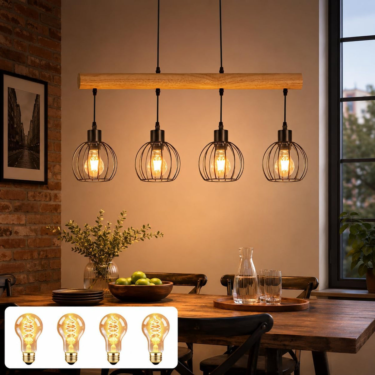 ZMH Vintage Hängelampe Holz 4 Flammig - Pendelleuchte Esstisch Im Industrial Design Schwarz Retro Hängeleuchte Esstischlampe Höhenverstellbar Für Esszimmer Küche Wohnzimmer Bar (Ohne Leuchtmittel)