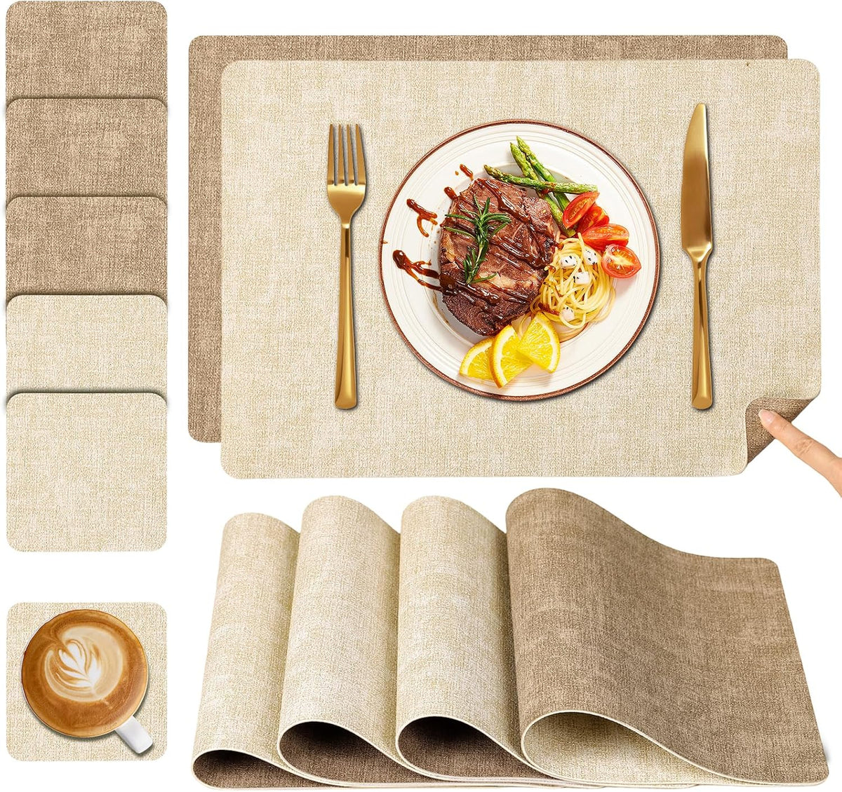 Tischsets Abwaschbar Und Untersetzer 6Er Set, Platzsets Abwaschbar Doppelseitig Bedruckt Kunstleder Schmutzabweisend & Rutschfest, Platzdeckchen Abwischbar Mit Lederoptik Für Esszimmer