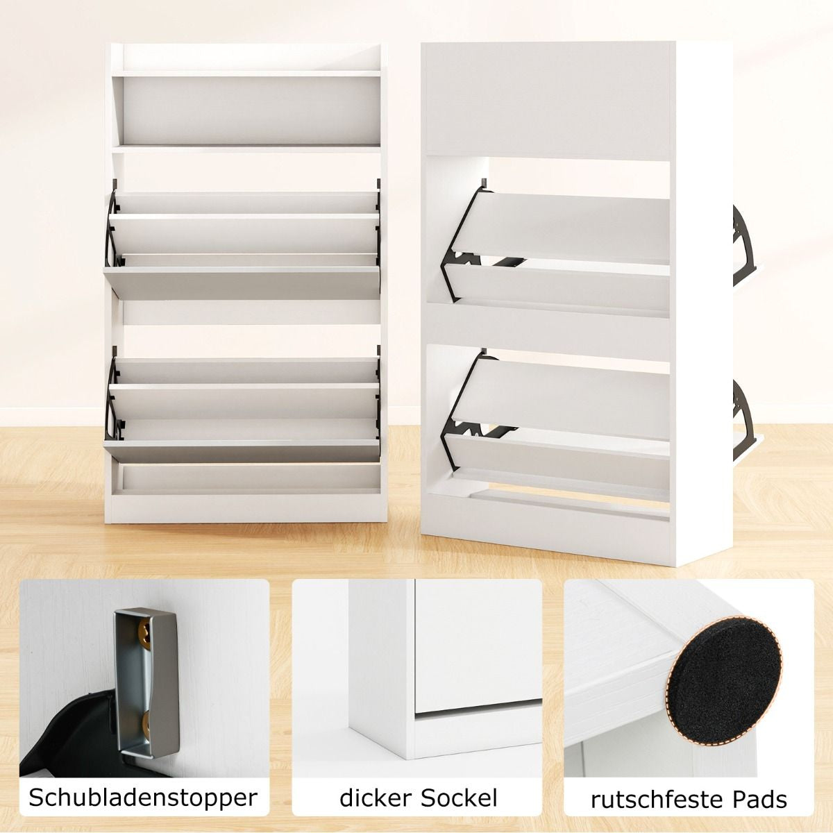 Schuhschrank Mit 2 Klappfächern Schlankes Verstecktes Holz-Schuhregal Weiß/Rustikale Holzoptik
