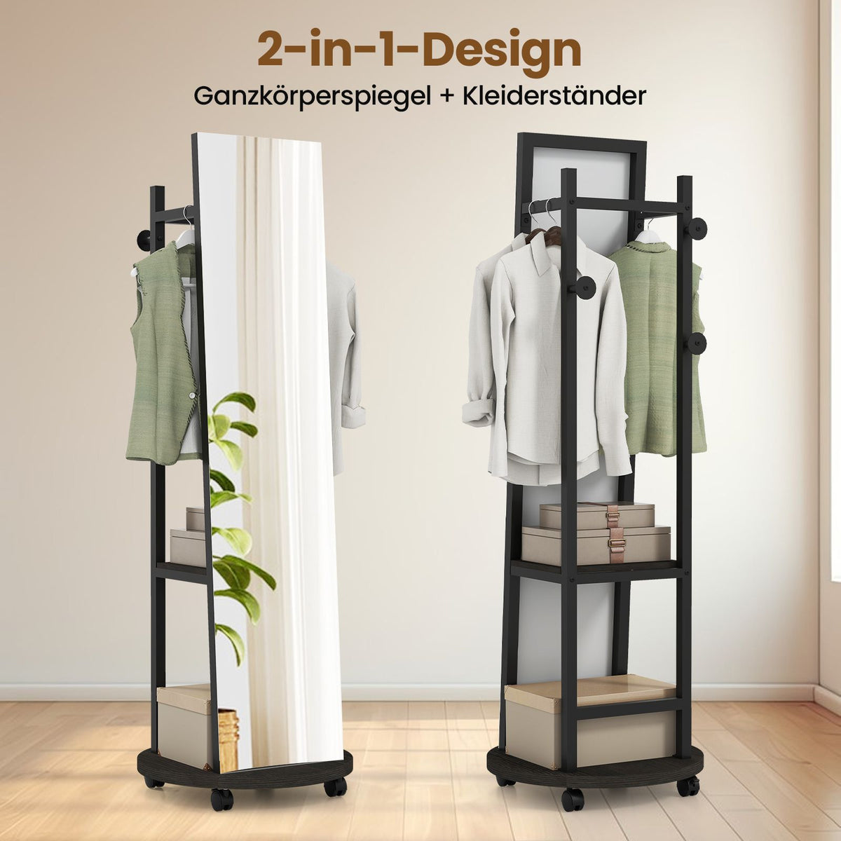 2 in 1 Ganzkörperspiegel Mit 3 Haken & Ablagefächern & Universalrädern Schwarz