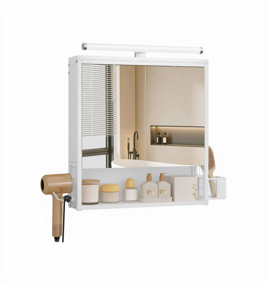 EUGAD Spiegelschrank Bad Mit Beleuchtung, Badezimmerschrank Mit Spiegel, Badschrank Hängend, Mit Verstellbarer Ablage Halter Korb, Aus Metall MDF, Schwarz + Helle Eiche