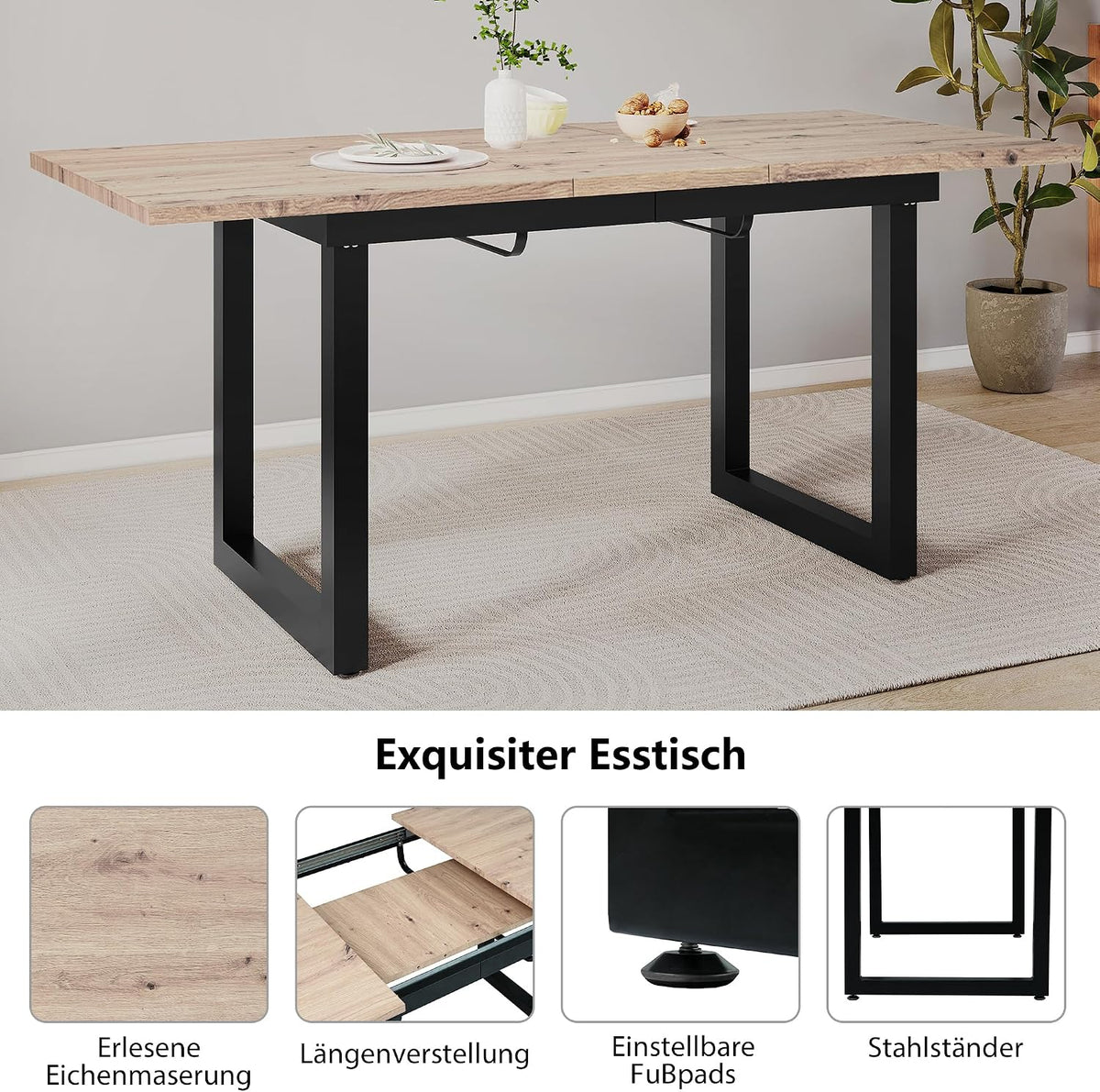 Merax Esstisch 140/180X80X75Cm, Ausziehbar Esszimmertisch Mit Tischbeine Aus Metall, Rechteckiger Küchentisch Für Wohnzimmer Und Esszimmer, Holzfarbe