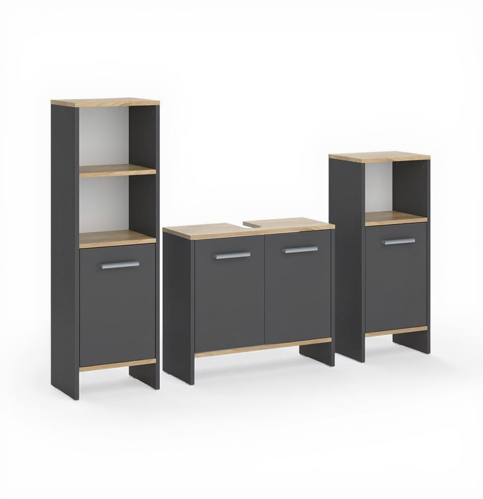 Vicco Badmöbel-Set Karli, Anthrazit/Goldkraft Eiche, 131.4 Cm, Besteht Aus Waschbeckenunterschrank, Spiegelschrank Und Hochschrank