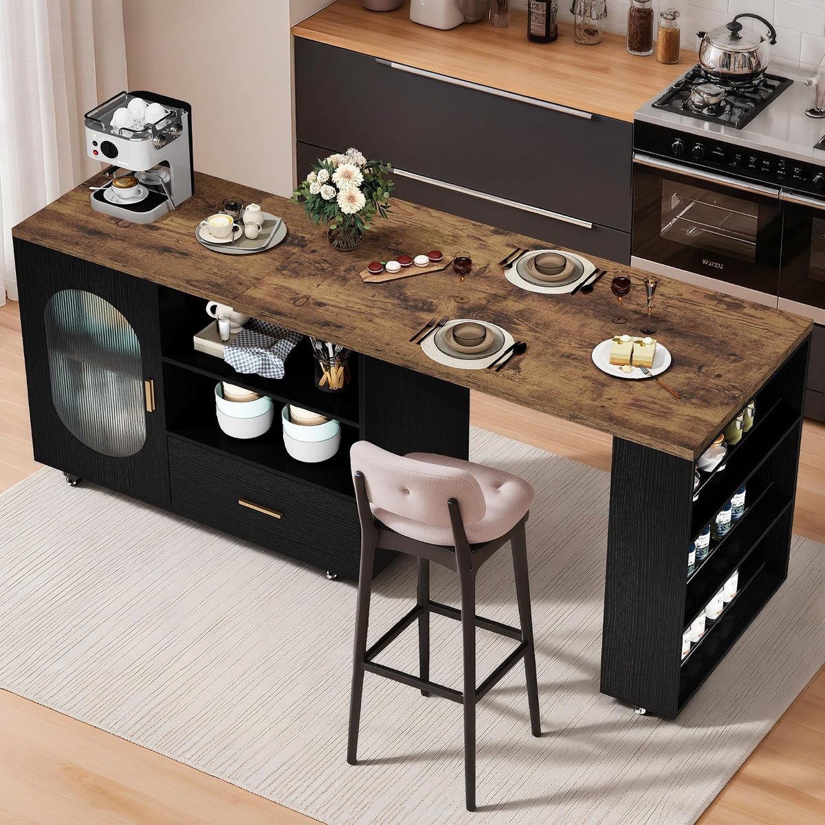 IBF Kücheninsel Freistehend Mit Arbeitsplatte Auf 7 Rollen Küchenschrank Küchenwagen Moderne Mobile Kücheninsel Mit 360 Grad Drehbarer Holzplatte Und Schublade Für Esszimmer Weiß 184 Cm