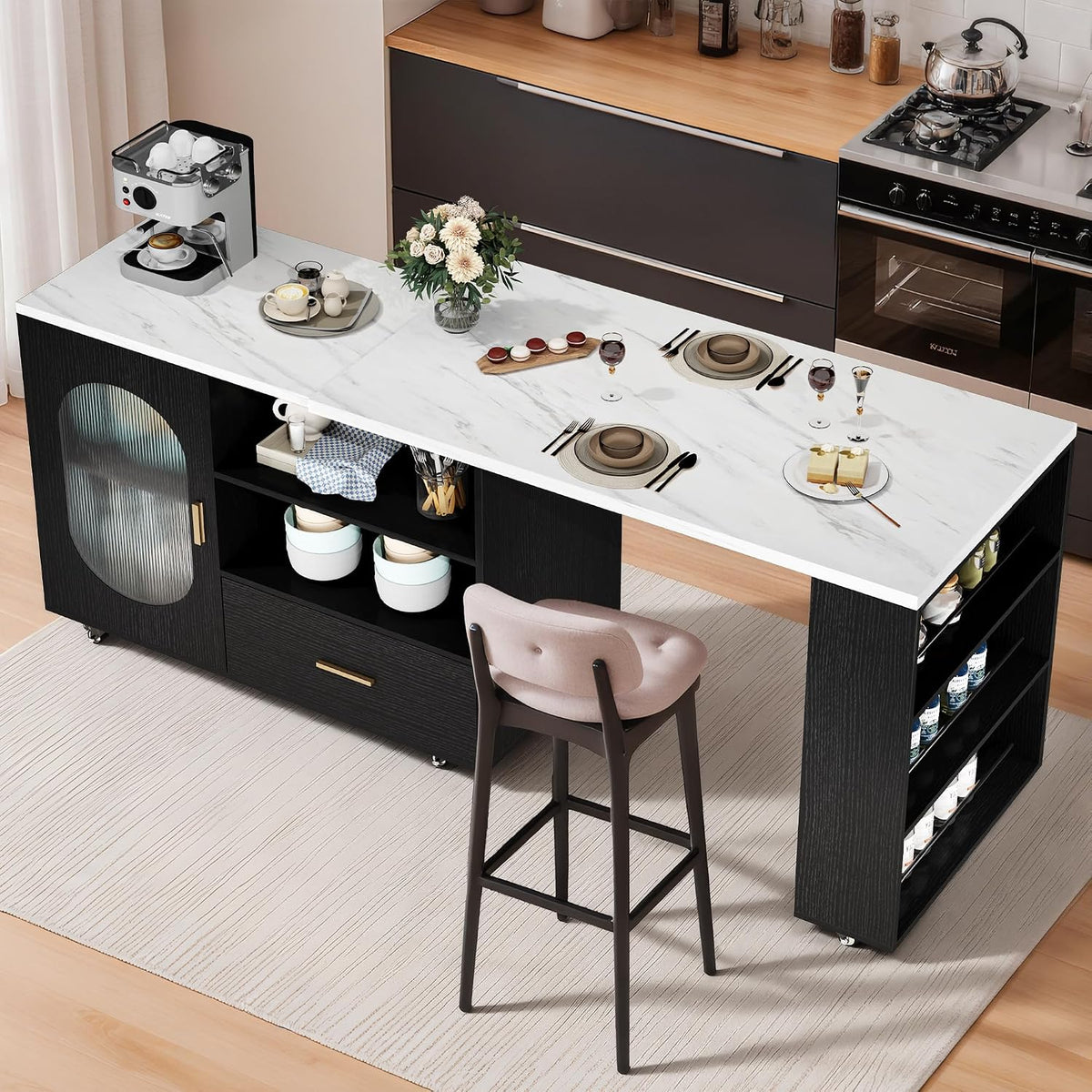 IBF Kücheninsel Freistehend Mit Arbeitsplatte Auf 7 Rollen Küchenschrank Küchenwagen Moderne Mobile Kücheninsel Mit 360 Grad Drehbarer Holzplatte Und Schublade Für Esszimmer Weiß 184 Cm