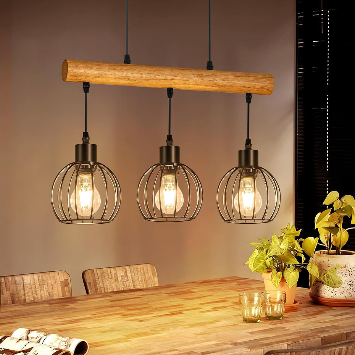 ZMH Vintage Hängelampe Holz 4 Flammig - Pendelleuchte Esstisch Im Industrial Design Schwarz Retro Hängeleuchte Esstischlampe Höhenverstellbar Für Esszimmer Küche Wohnzimmer Bar (Ohne Leuchtmittel)