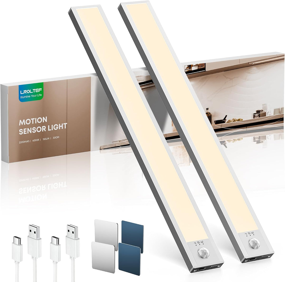 LROLTEF Schrankbeleuchtung Led Lampe Mit Bewegungsmelder - 21Cm 1500Mah Unterbauleuchte Küche Licht Aufladbar Mit Sensor - Dimmbar Schranklicht Treppenlicht - Vitrinenbeleuchtung Magnetische | 2 Stück