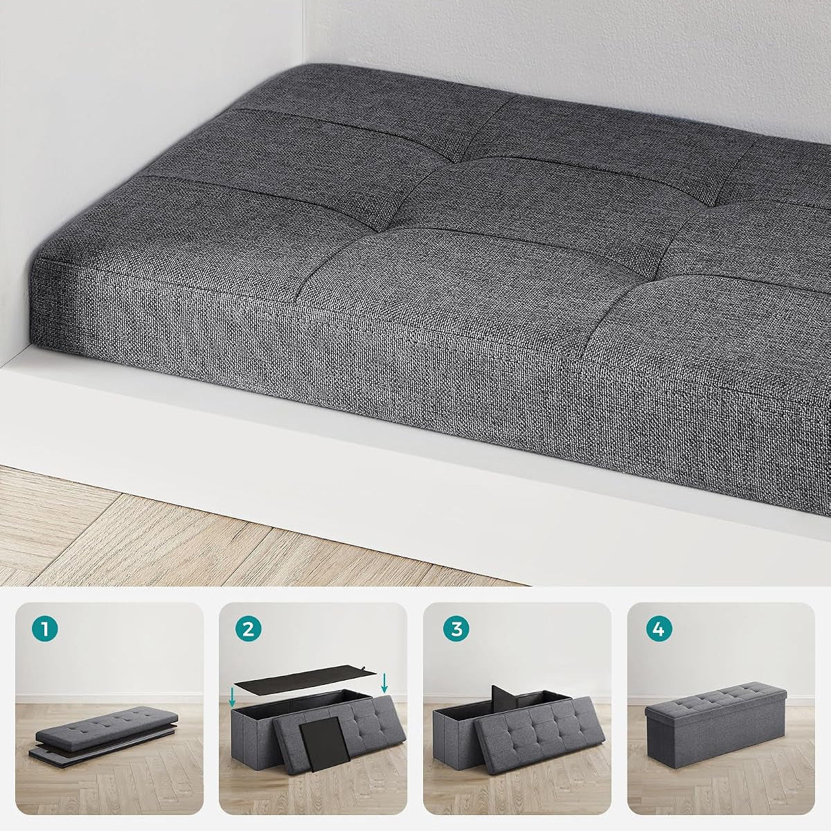 SONGMICS Sitzhocker Mit Stauraum, Klappbare Sitzbank, 38 X 110 X 38 Cm Fußbank, Aufbewahrungsbox, Bis 300 Kg Belastbar, Für Wohnzimmer Schlafzimmer Flur, Schiefergrau LSF77K