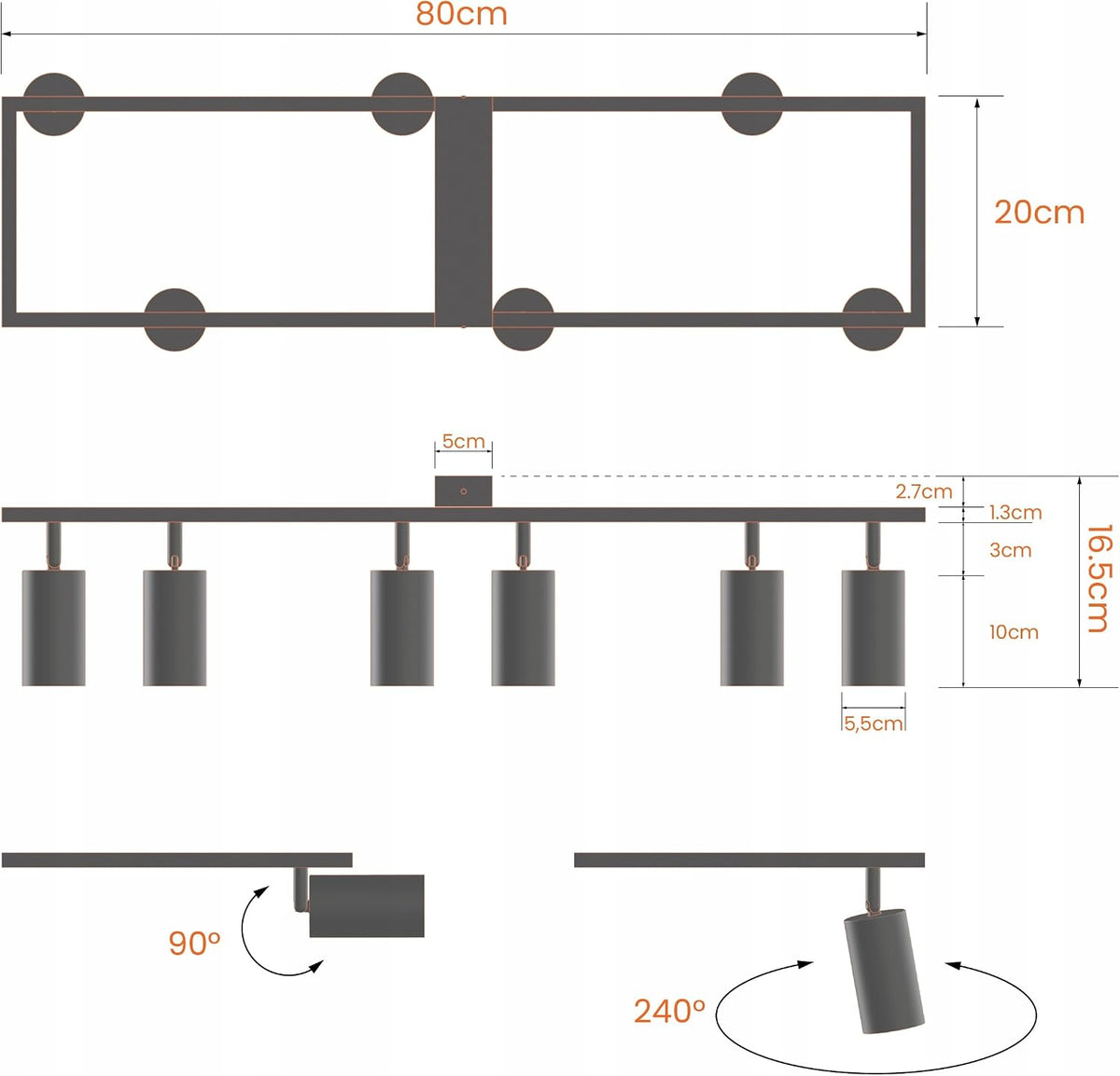 Deckenstrahler LED Schwarz - Deckenstrahler 6 Flammig - LED Deckenleuchte Schwenkbar - GU10 Deckenlampe Spot - Spotlight Lampe Modern - Strahler Deckenspot Für Küche, (6 Flammig, Schwarz)