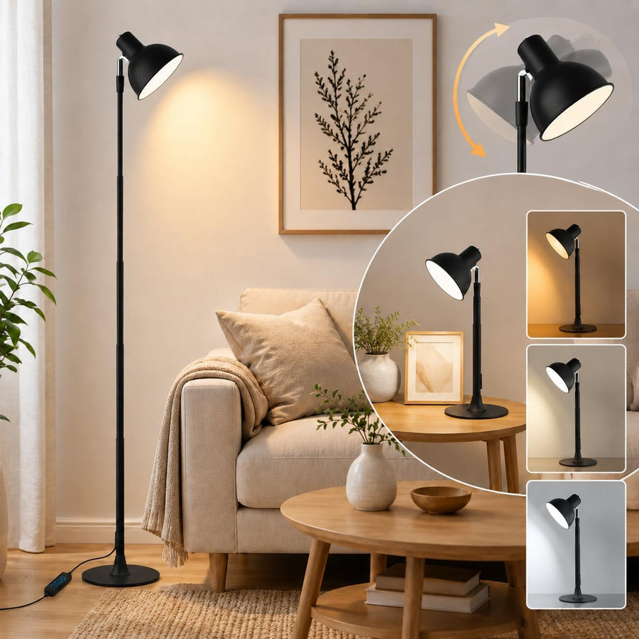 LED Stehlampe Höhenverstellbar, Leselampe Dimmbar Mit 3 Lichtfarben, 150° Schwenkbar Lampenkopf, 2-In-1 Stehleuchte & Tischleuchte Für Wohnzimmer, Homeoffice, Esszimmer, Metall Schwarz
