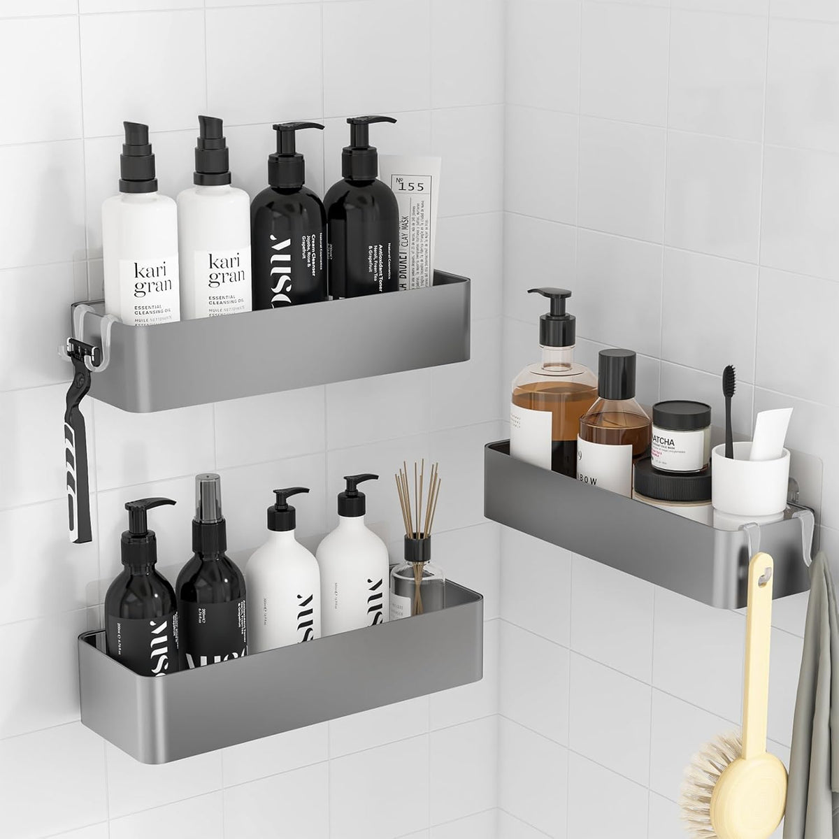Duschablage Ohne Bohren - 2 Stück Rostfreie Badezimmer Organizer, Schnell Trocknende Badregal Ohne Bohren Mit Großer Kapazität, Langlebige Shampoo Halterung Für Duschel, Large, Weiß, Schwarz
