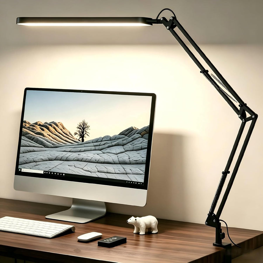 SKYLEO Schreibtischlampe LED – Schreibtischlampe Klemmbar 1300LM – 5 Farbmodi X 11 Helligkeitsstufen – Verstellbarer Schwenkarm – Timmer Und Speicherfunktion – 12W Desk Lamp – Schwarz