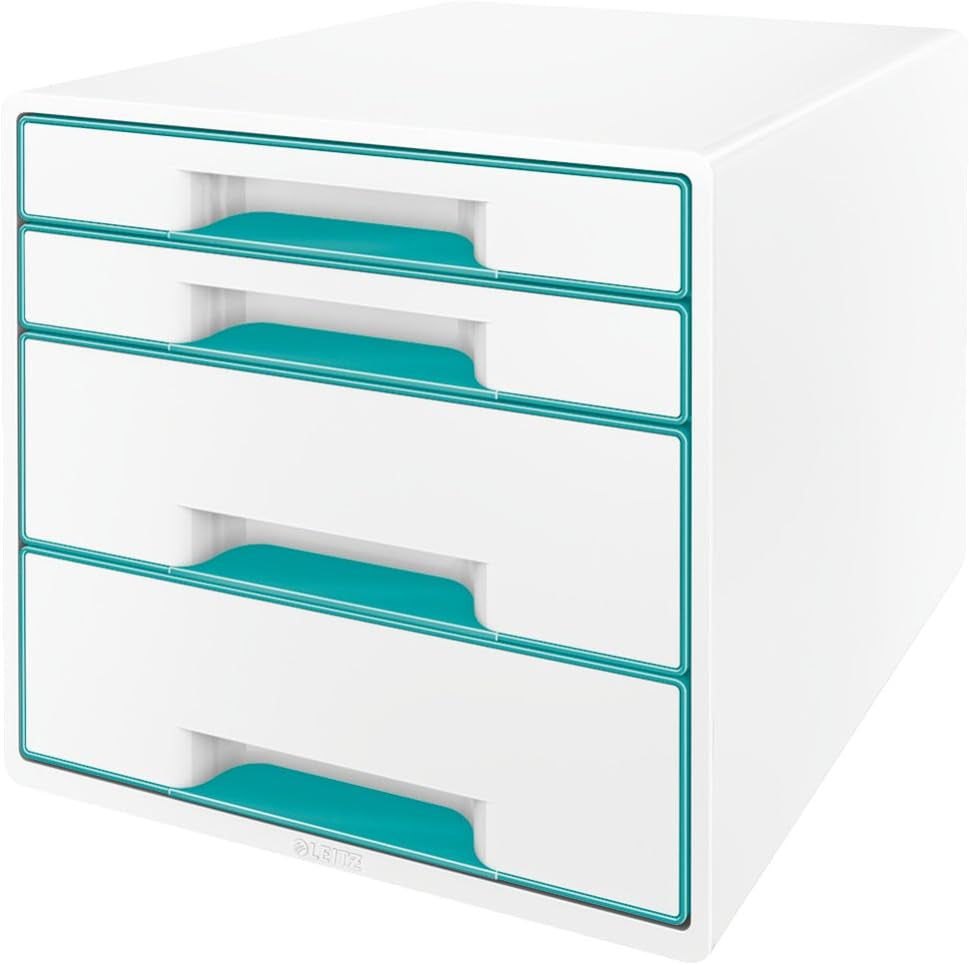 Leitz CUBE Schubladenbox Mit 4 Schubladen, Weiß/Grau, A4, Inkl. Transparentem Schubladeneinsatz, WOW, 52132001