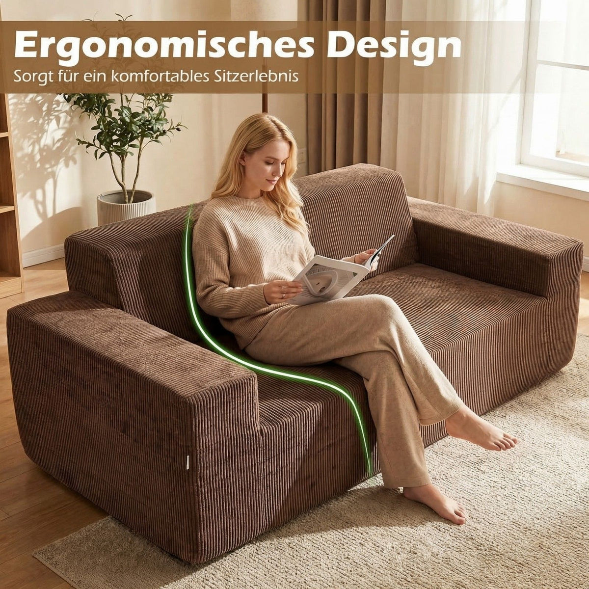 Corduroy 3-Sitzer Sofa Loveseat Mit Hoher Rückenlehne Breiten Armlehnen & Tiefem Sitz Braun