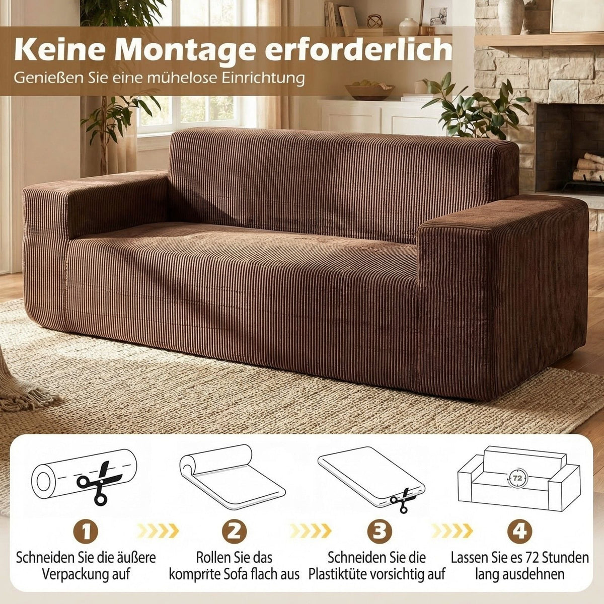 Corduroy 3-Sitzer Sofa Loveseat Mit Hoher Rückenlehne Breiten Armlehnen & Tiefem Sitz Braun