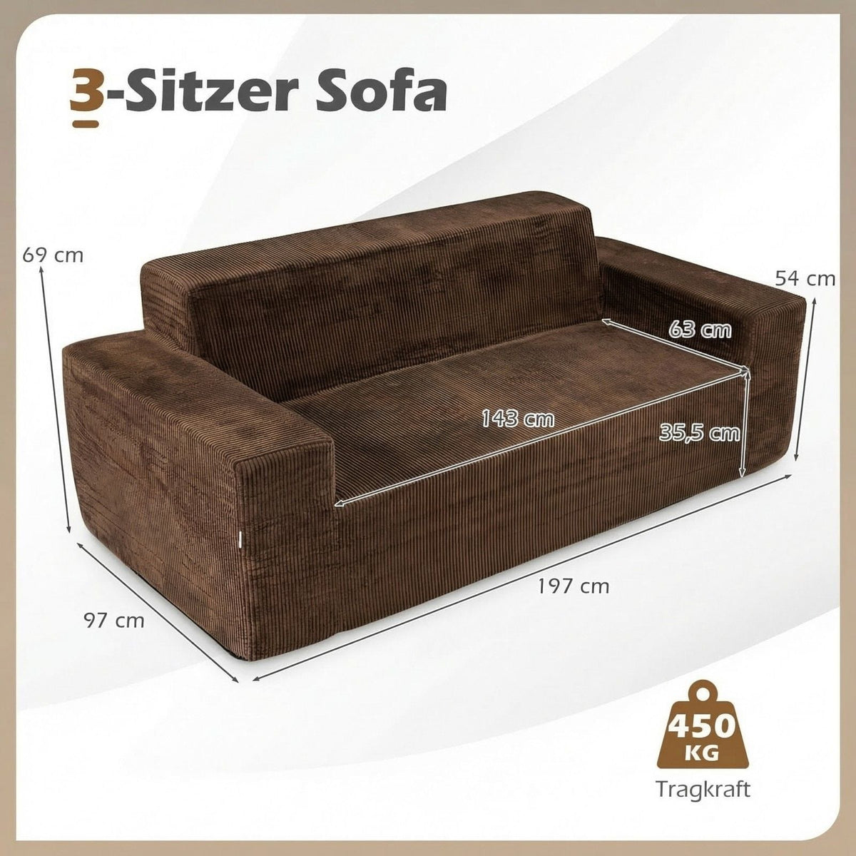 Corduroy 3-Sitzer Sofa Loveseat Mit Hoher Rückenlehne Breiten Armlehnen & Tiefem Sitz Braun