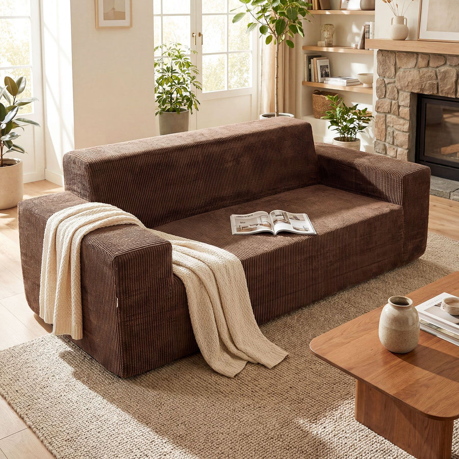 Corduroy 3-Sitzer Sofa Loveseat Mit Hoher Rückenlehne Breiten Armlehnen & Tiefem Sitz Braun