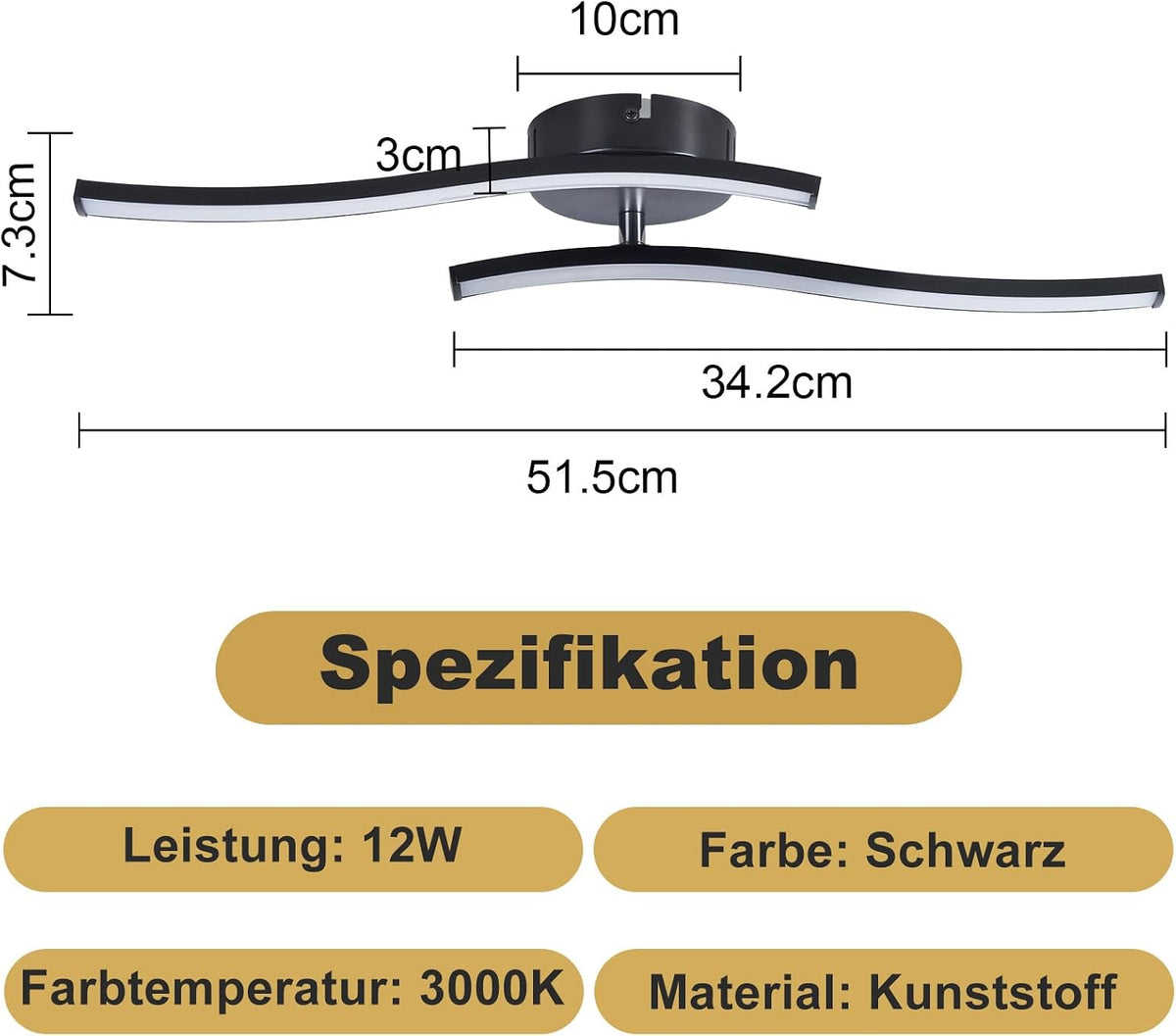 Homefire LED Deckenlampe Küche Deckenleuchte: Modern Schlafzimmerlampe Schwarz 12W Wohnzimmerlampe 3000K Wellen Design Küchenlampe Innen Warmweiß Deckenbeleuchtung Für Schlafzimmer Flur Büro