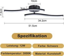 Homefire LED Deckenlampe Küche Deckenleuchte: Modern Schlafzimmerlampe Schwarz 12W Wohnzimmerlampe 3000K Wellen Design Küchenlampe Innen Warmweiß Deckenbeleuchtung Für Schlafzimmer Flur Büro