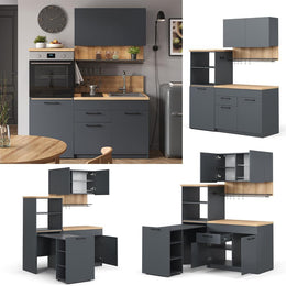Vicco Küchenzeile Egbert, Anthrazit, 160 Cm Mit Ausziehbarem Tisch, Mit Integriertem Tellertrockner Und Seitlichen Regalablagen