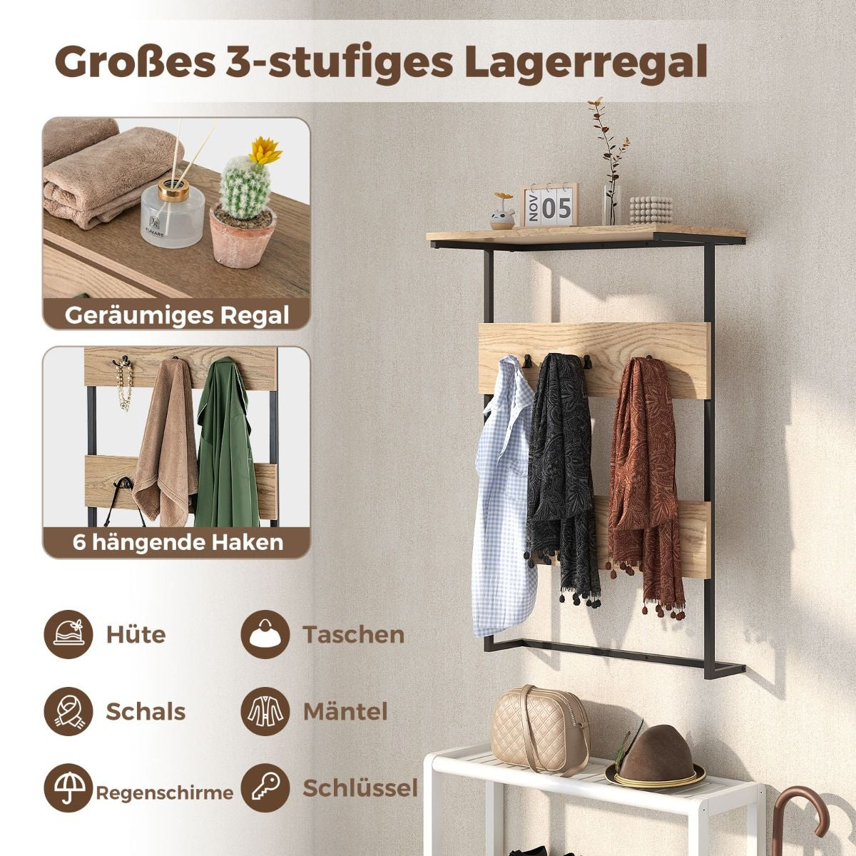 Wandgarderobe Mit Ablage & 6 Haken Wandregal Industrielle Garderobenleiste Kleiderstange