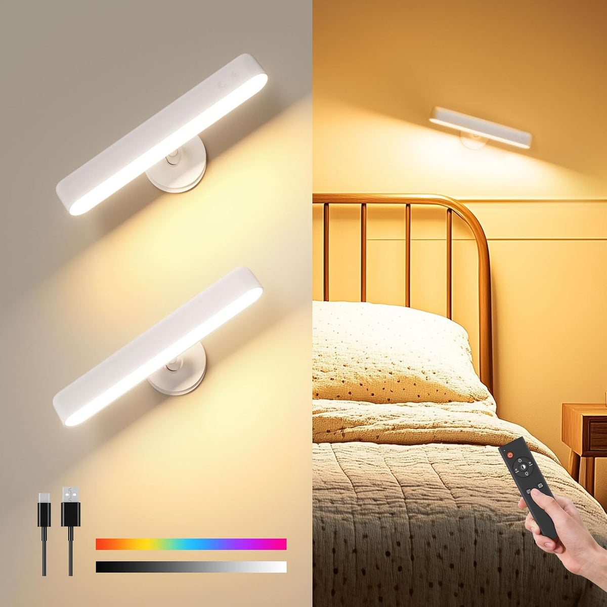 Popoiron Akku Wandleuchten 7500Mah, Wiederaufladbare Led-Wandleuchten Für Schlafzimmer Mit Touch- Und Fernbedienung, 3 Farben, Kabellose Wandlampe, 360° Drehbar, Dimmbare Mit 15 Rgb-Farben