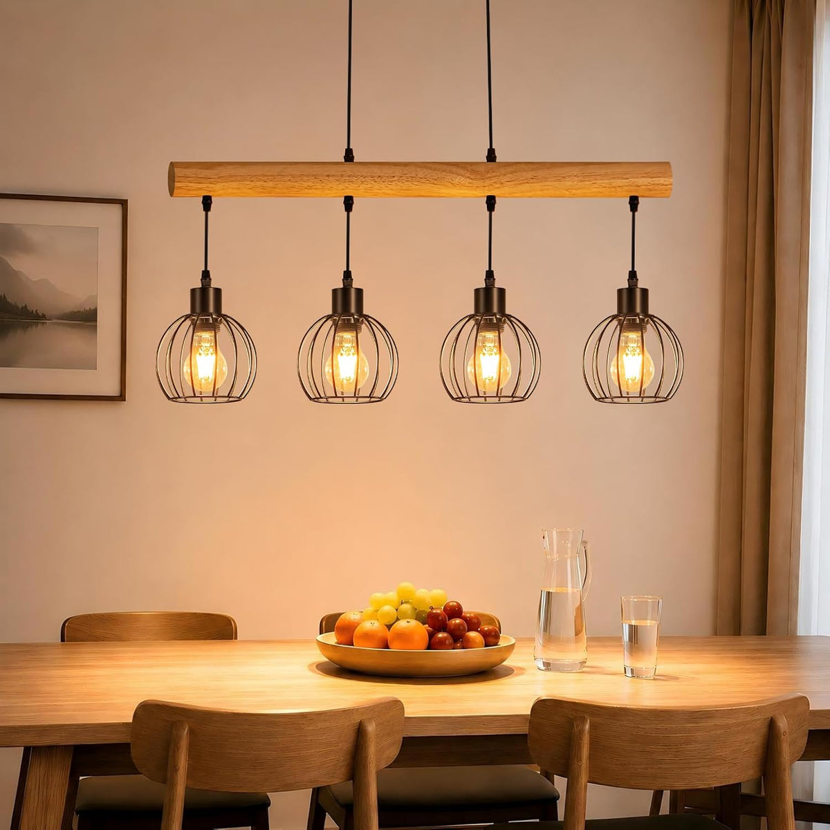 ZMH Vintage Hängelampe Holz 4 Flammig - Pendelleuchte Esstisch Im Industrial Design Schwarz Retro Hängeleuchte Esstischlampe Höhenverstellbar Für Esszimmer Küche Wohnzimmer Bar (Ohne Leuchtmittel)