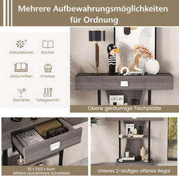 Konsolentisch Aus Holz Mit Schubladen & Metallrahmen & 2 Ablagen & Kippschutz Grau