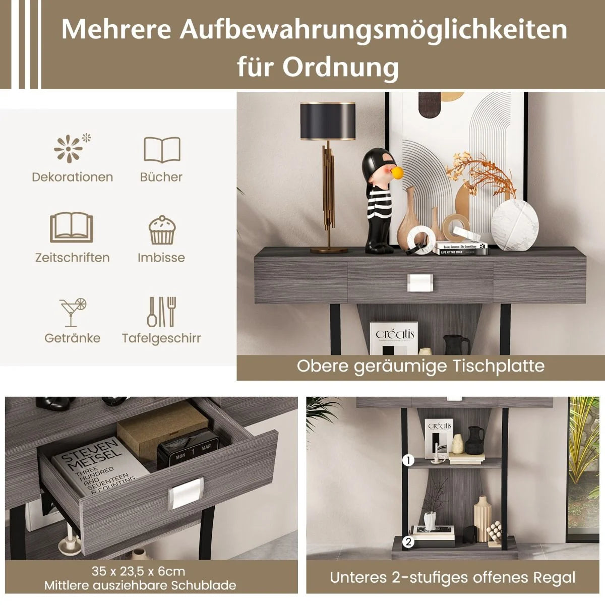 Konsolentisch Aus Holz Mit Schubladen & Metallrahmen & 2 Ablagen & Kippschutz Grau
