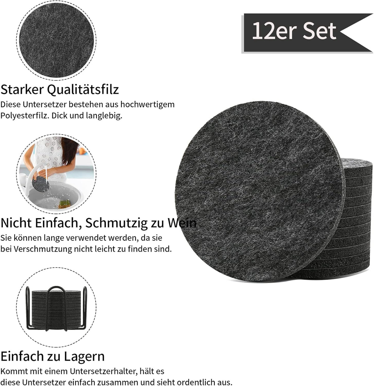 Untersetzer Gläser Filz Untersetzer Rund 12Er Set 10Cm Bierdeckel Glasuntersetzer Mit Halter Für Getränke, Zuhause Restaurant Büro Und Bar