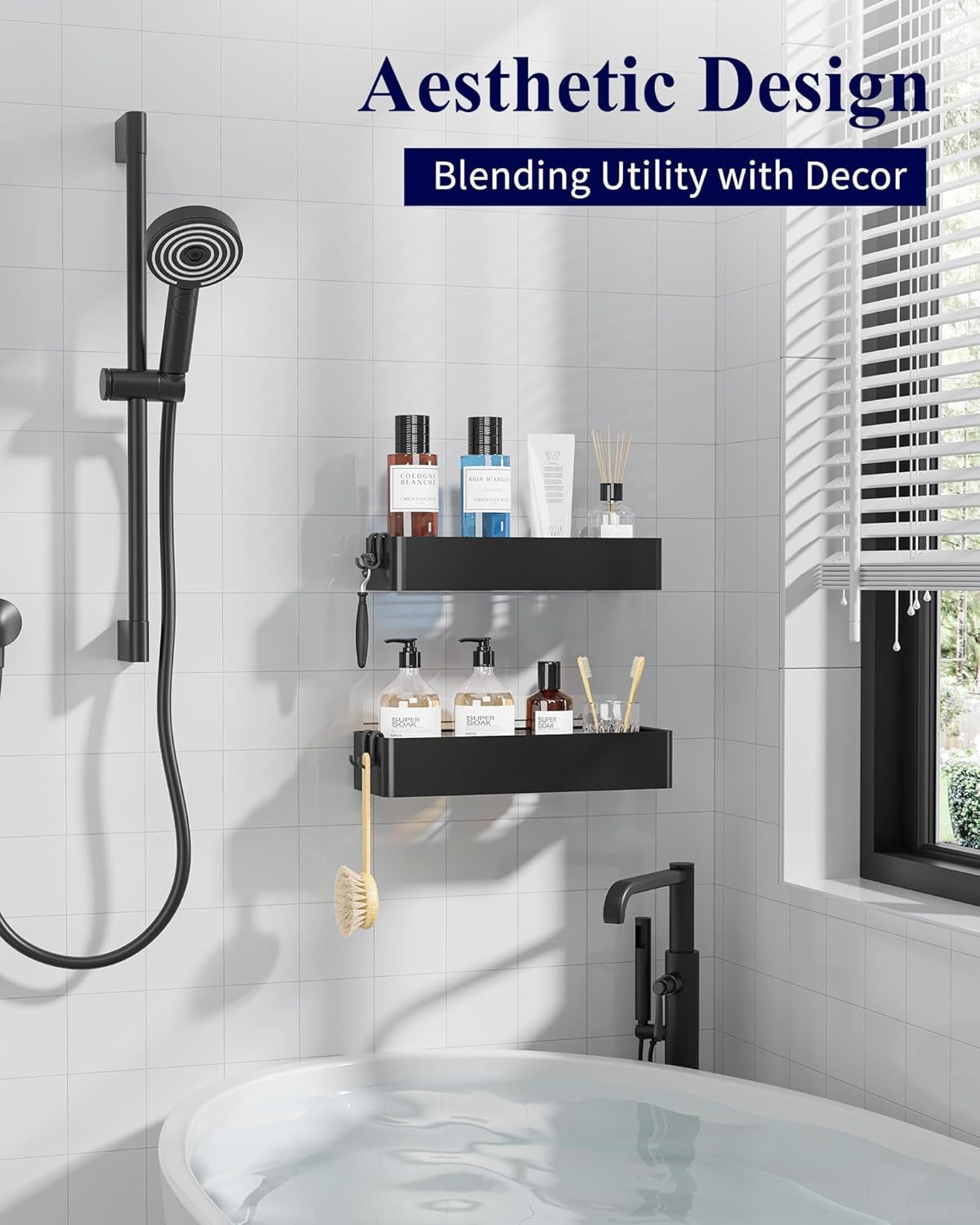 Duschablage Ohne Bohren - 2 Stück Rostfreie Badezimmer Organizer, Schnell Trocknende Badregal Ohne Bohren Mit Großer Kapazität, Langlebige Shampoo Halterung Für Duschel, Large, Weiß, Schwarz