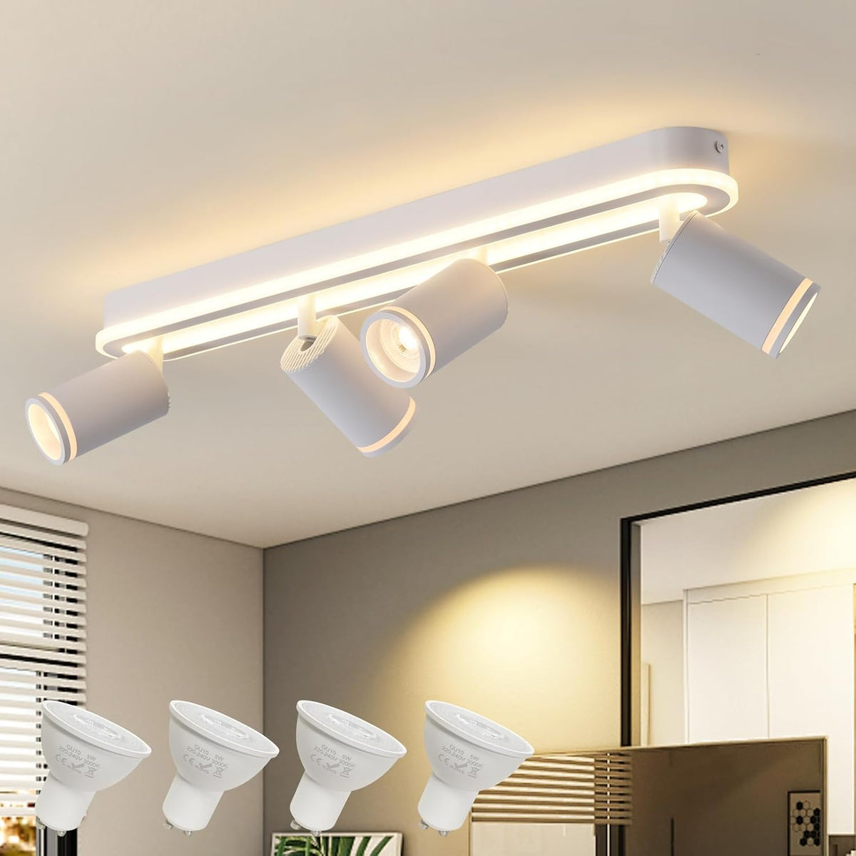 SANSHI Deckenleuchte 4 Flammig Led,Schwenkbar 350°Deckenstrahler,Deckenlampe Mit Unteres Glühen 36W+4X5W GU10 Spots,Modern Deckenspot Strahler 3000K Warmweiß,Spotlight Lampe Für Wohnzimmer,Schwarz