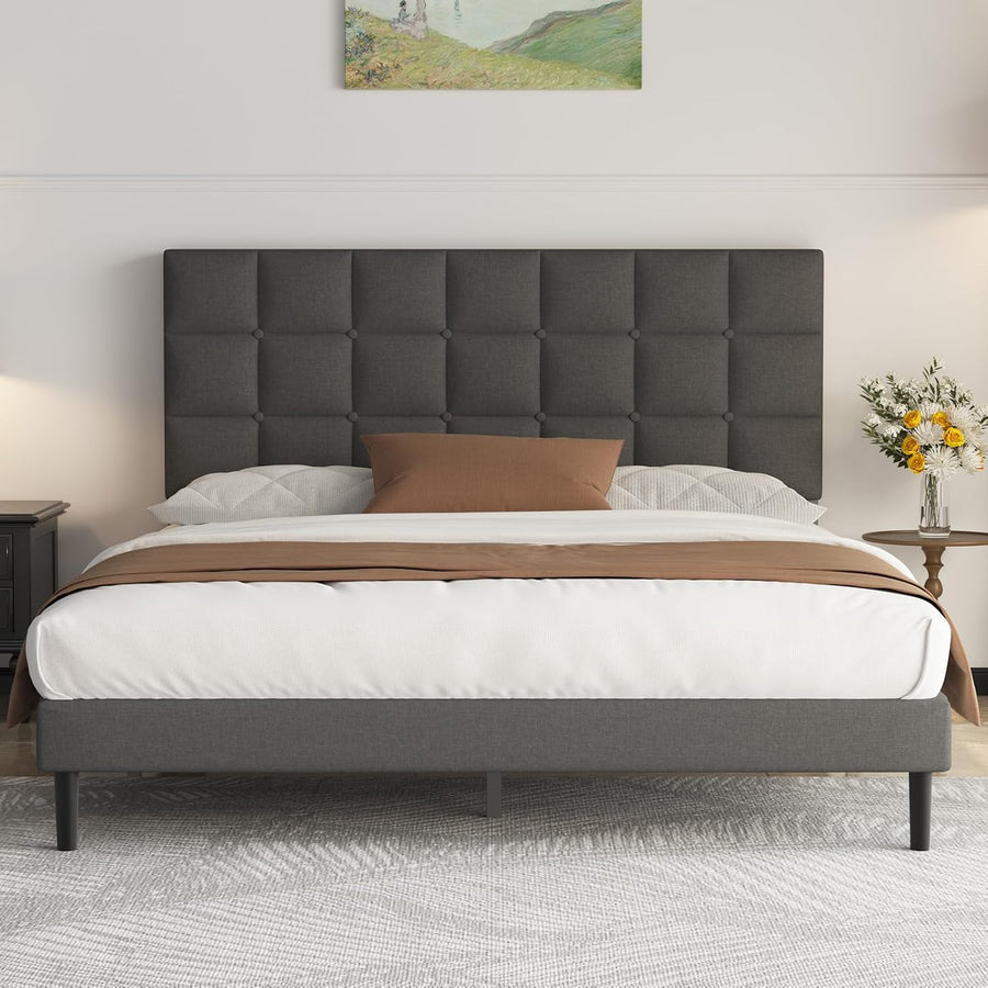 Polsterbett 140X200Cm Doppelbett, Bettrahmen Mit Kopfteil Und Lattenrost, Höhe 30 Cm Bettgestell, Dunkelgrau