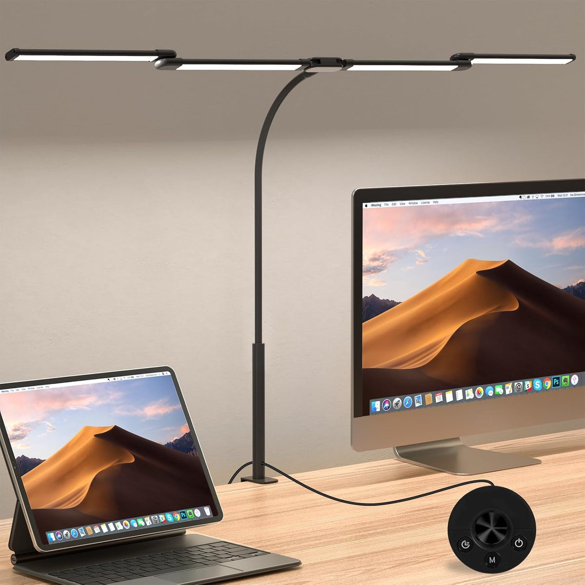 Comely Schreibtischlampe LED Dimmbar 24W, 120Cm 2750LM Schreibtischlampen, 4-Led Schreibtischlampe Klemmbar Mit 5 Farbtemperatur, Arbeitsplatzleuchte Mit 10 Helligkeitsstufen, Schwarz