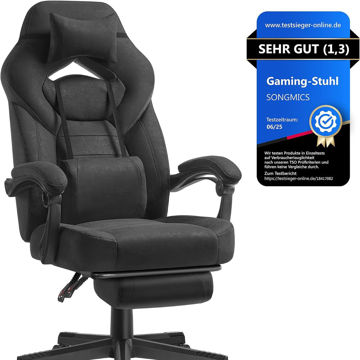 SONGMICS Gaming-Stuhl, Ergonomisches Design, Mit Fußstütze | Bürostuhl, Computerstuhl, Verstellbares Kopfkissen, Lendenkissen, Tragkraft 150 Kg, OBG077G01