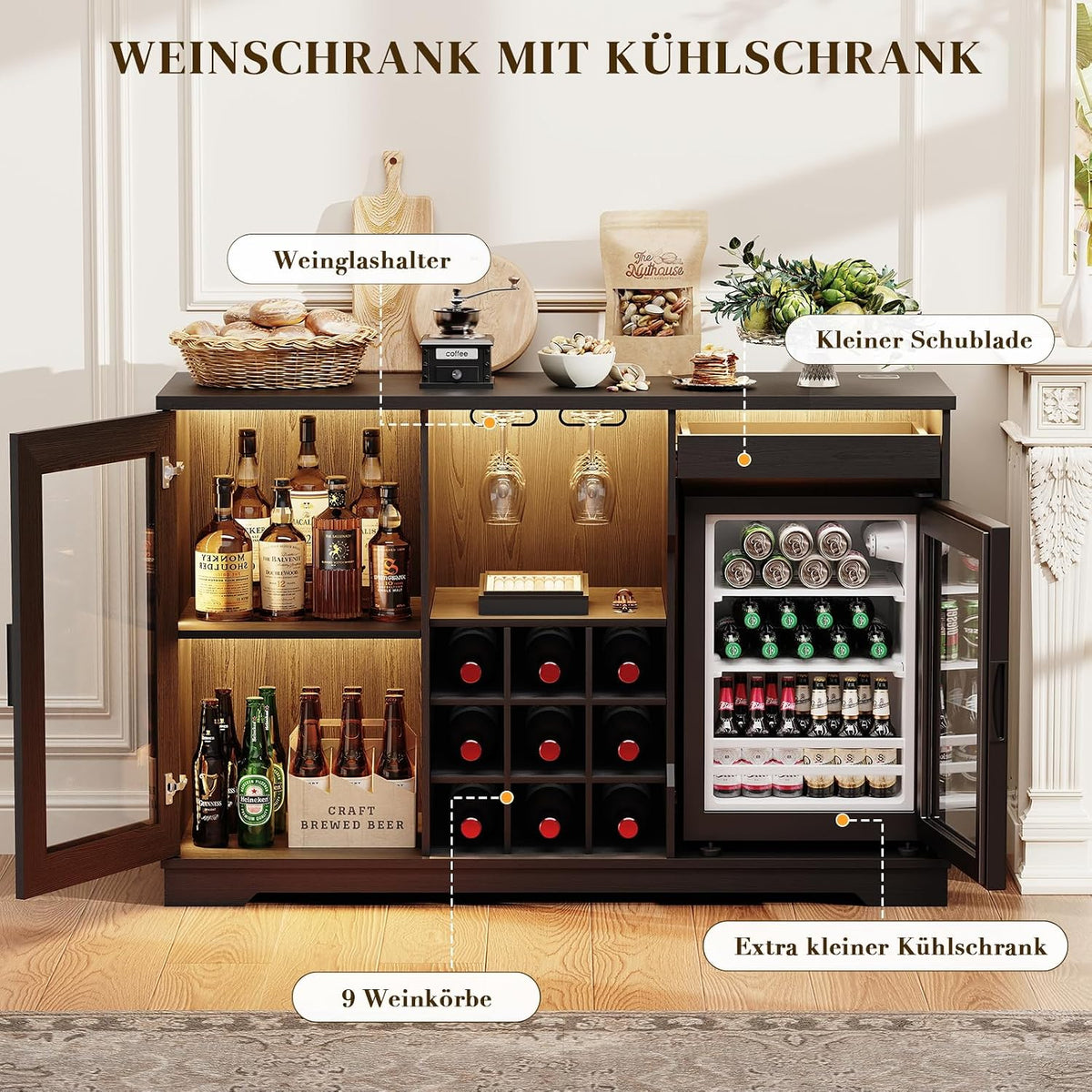 BROTTAR Barschrank Mit Kühlschrank (Inklusive), Weinkühlschrank Mit Led-Beleuchtung, Getränkeschrank Sideboard Mit Bewegungssensor, Weinschrank Für Wohnzimmer Küche Esszimmer (Schwarz)