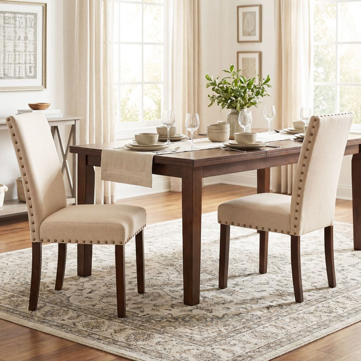 2Er Set Esszimmerstühle Mit Gepolsterter Sitzfläche & Rückenlehne & Gummiholzbeine Polsterstühle Beige