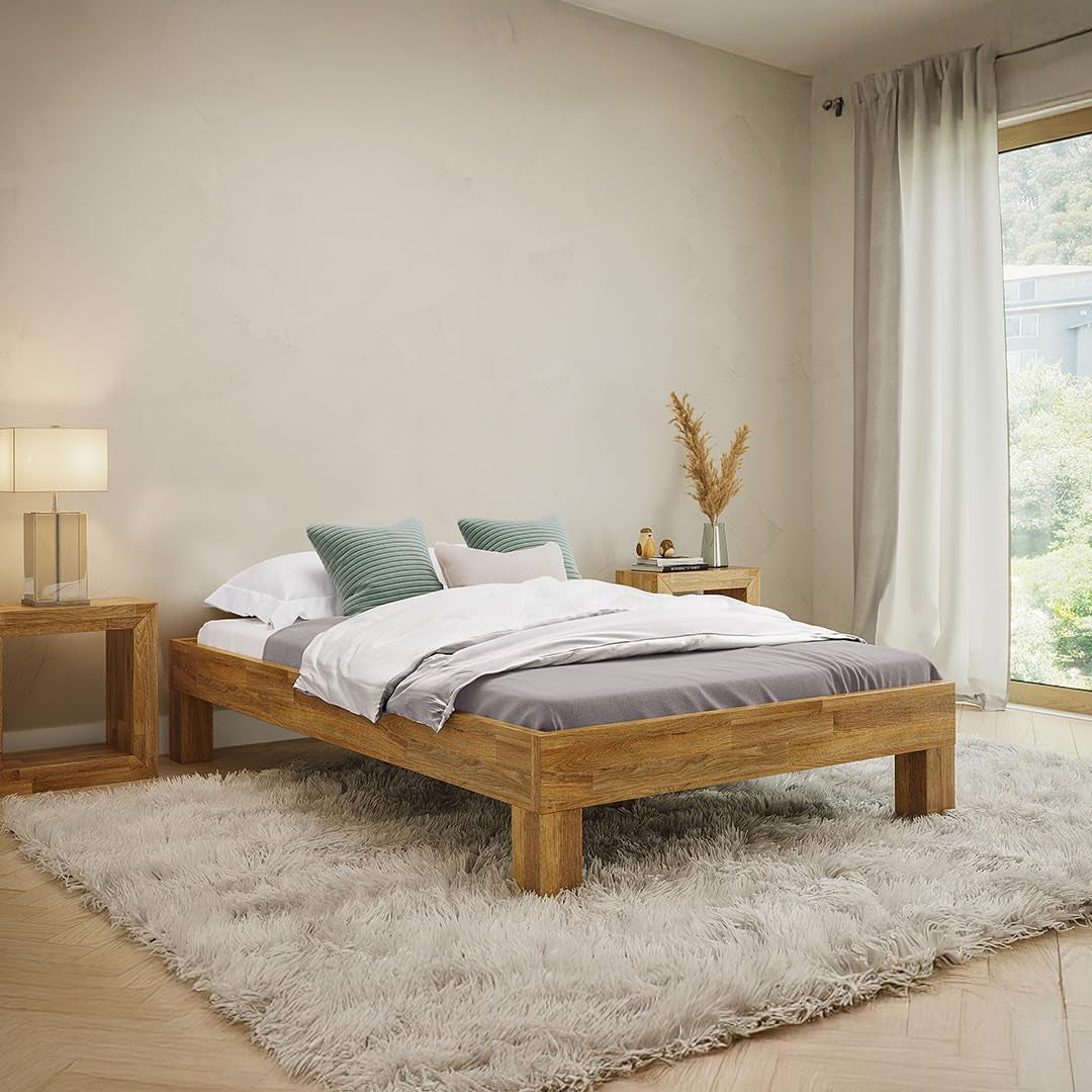 Floki Massivholzbett 140X200 Cm Aus Eiche - Hochwertiges Bettgestell - Bettrahmen Mit Bettkopf - Holzbett in Natur Geölt - Bett Geeignet Als Doppelbett - Futonbett Schlafzimmer
