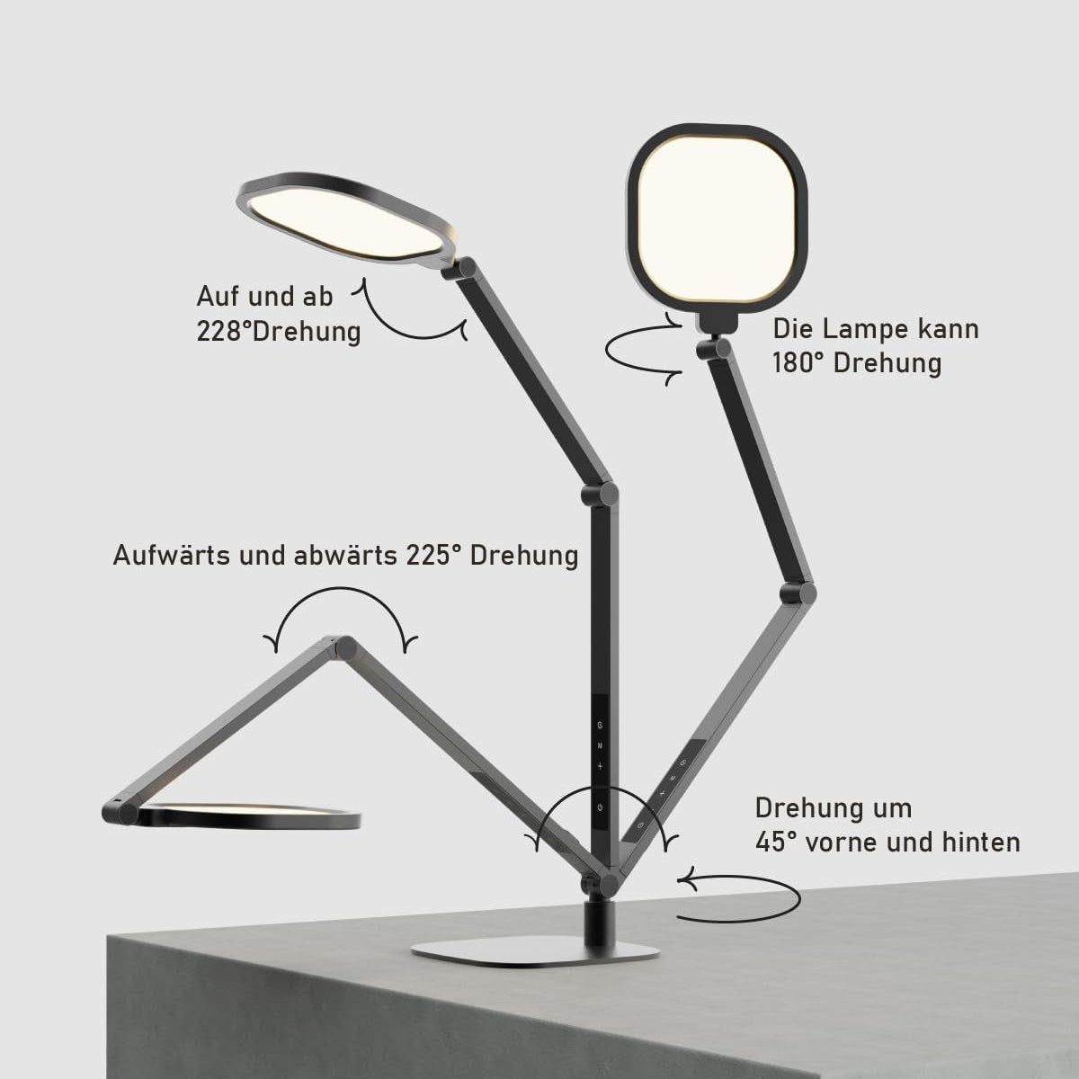 Litones Schreibtischlampe LED Dimmbare, Augenschutz Tageslichtlampe Schreibtisch Mit 3 Farbmodi Und Touch-Steuerung/Memory-Funktion,15W Schwenkarm Bürolampe Mit Stecker,Schwarz
