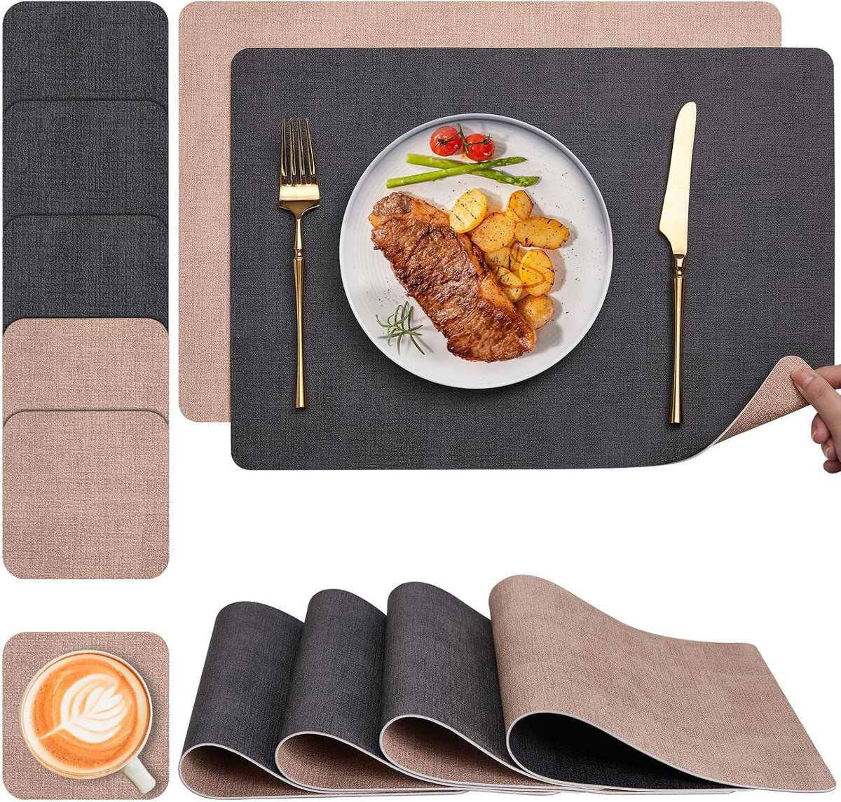 Tischsets Abwaschbar Und Untersetzer 6Er Set, Platzsets Abwaschbar Doppelseitig Bedruckt Kunstleder Schmutzabweisend & Rutschfest, Platzdeckchen Abwischbar Mit Lederoptik Für Esszimmer
