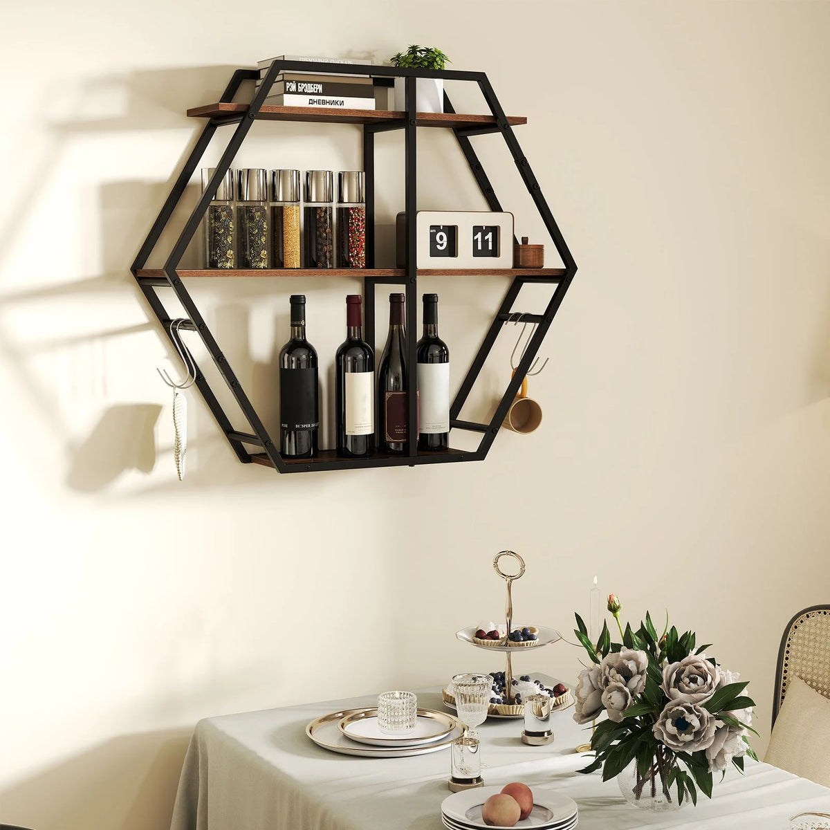 Industrielle Hexagon Wandregal 3-Stufiges Dekorative Schwebende Regal Mit Haken Rustikal