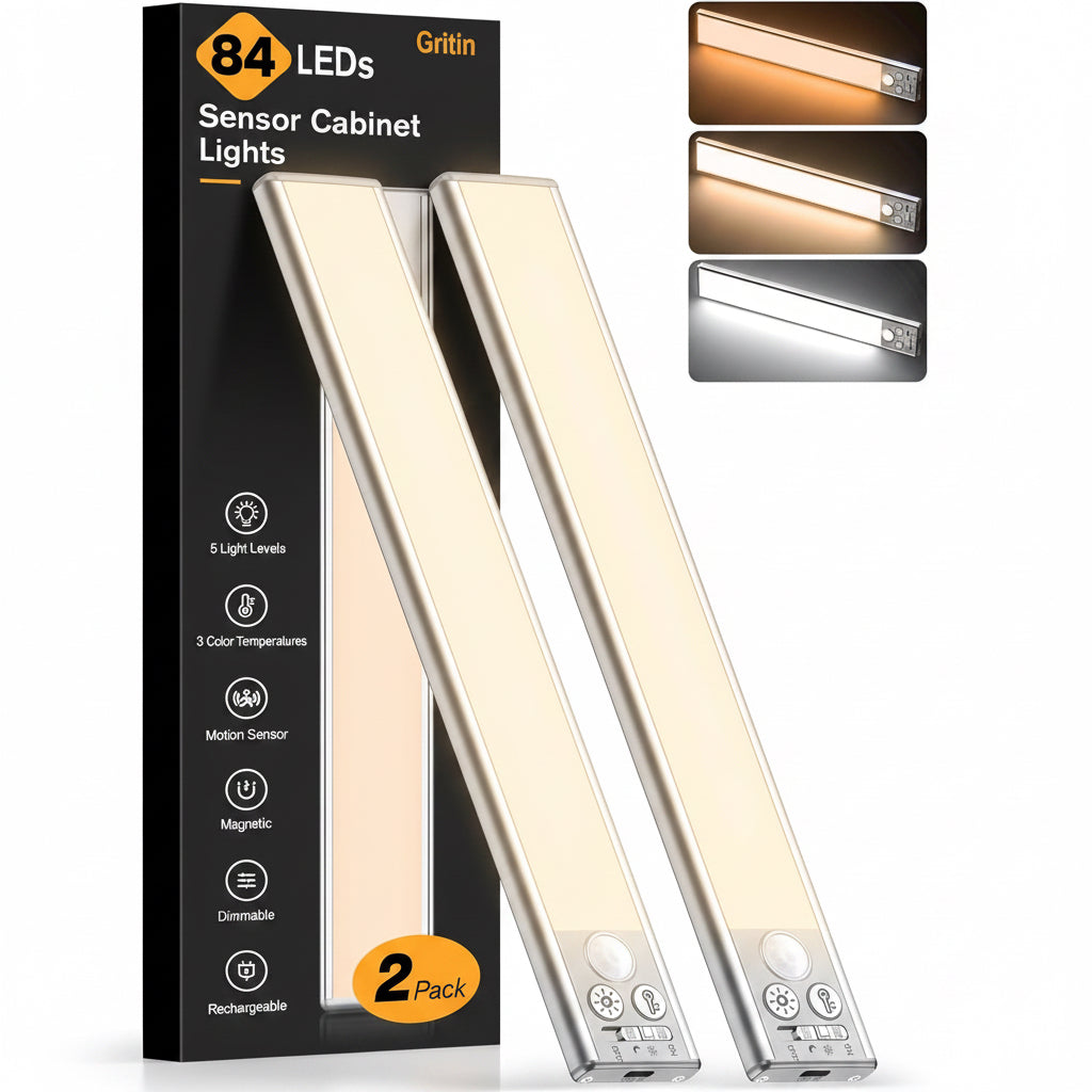 Gritin 26Cm Schrankbeleuchtung Unterbauleuchte Küche LED Bewegungsmelder, Hell Küche Licht Aufladbar,3 Farbe&5 Helligkeit,4 Modi,Einfach Montage Stark Magnet Schranklicht, 2 Stück-Schwarz