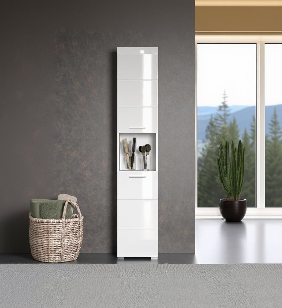 Trendteam Smart Living - Amanda - Hochschrank - Weiß Hochglanz - Badezimmerschrank Mit 2 Verstellbaren Einlegeböden - (Bxhxt) 37 X 190 X 31 Cm - Moderner Badschrank Mit 4 Fächern Und Einer Ablage